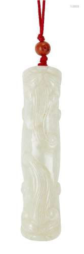 A Chinese pale green jade pendant, 19th century, carved with...