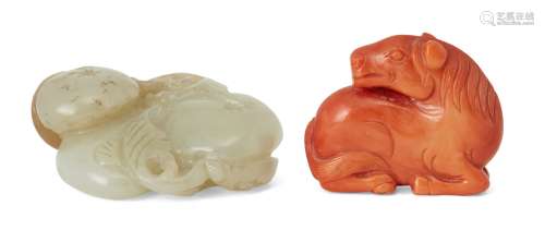 A Chinese celadon jade 'lingzhi' pendant and a coral horse, ...
