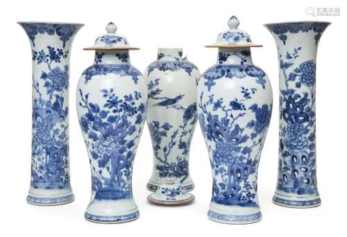 A garniture of five Chinese porcelain vases, 18th century, w...