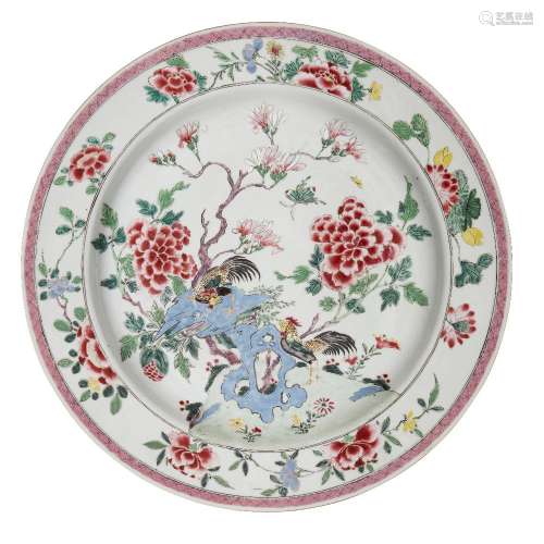 A large Chinese export porcelain 'roosters' dish, 18th centu...
