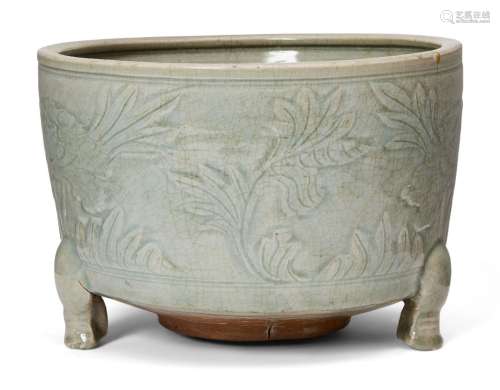 A large Chinese Longquan celadon tripod censer, Ming dynasty...