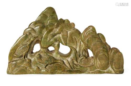 A Chinese green hardstone 'ducks and mountains' brush rest, ...