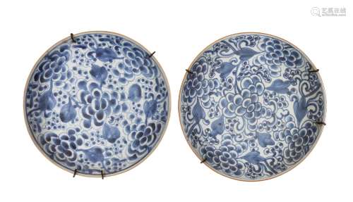 A pair of Chinese porcelain 'peony' dishes, Kangxi period, p...