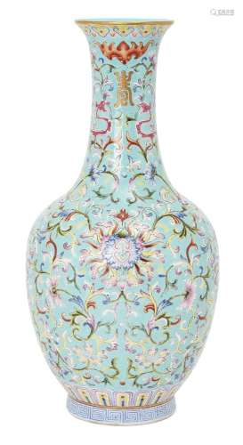 A Chinese porcelain turquoise ground bottle vase, Qianlong m...