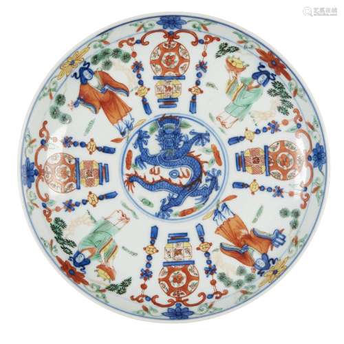 A Chinese porcelain wucai dish, 18th century, painted in und...