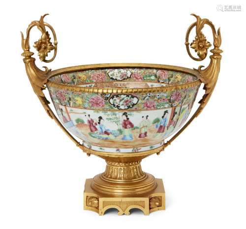 A Chinese Canton porcelain punch bowl with ormolu mounts, 19...