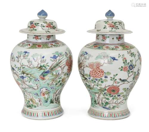 A large pair of Chinese jars and covers, 19th century, paint...