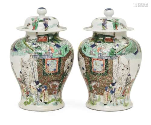 A pair of Chinese porcelain vases and covers, 19th century, ...