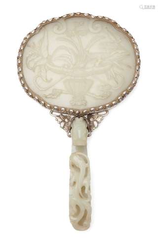 A Chinese greenish-white jade plaque and belt hook, 18th cen...