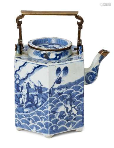 A Chinese export porcelain hexagonal tea pot, 19th century, ...