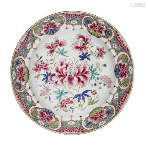 A large Chinese porcelain 'lotus' dish, 18th century, painte...