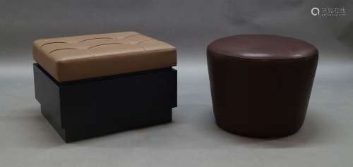 A contemporary leather upholstered and ebonised stool, of re...