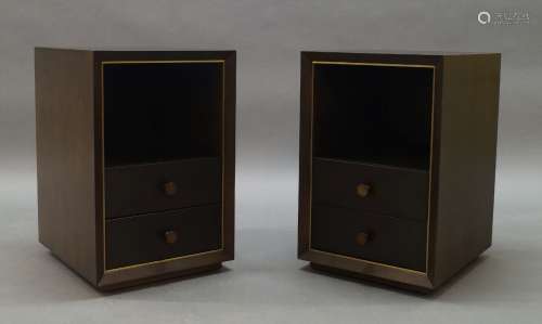 A pair of contemporary stained wood and brass bedside tables...