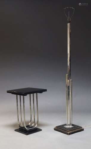 An Art Deco ebonised and chromed side table, the square top ...