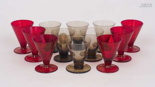 A set of six grey glass firing glasses, 20th century, of typ...