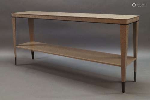 A pair of contemporary birds eye maple console tables by Bla...