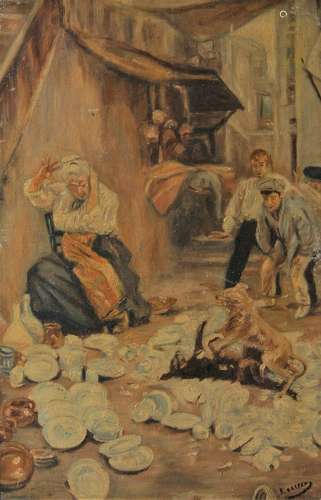 R Oessen, European School, mid-20th century- Dogs fighting i...