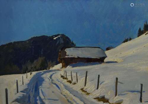 Italian School, late 20th century- Alpine scene in winter wi...