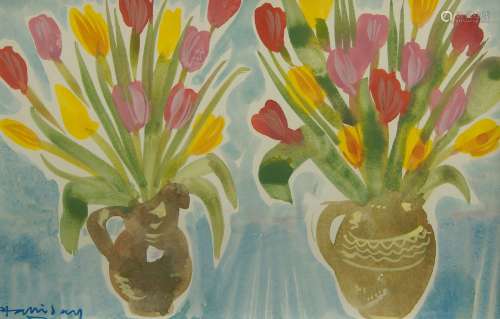 Alan Halliday, British b.1952- Vases of tulips; watercolour,...