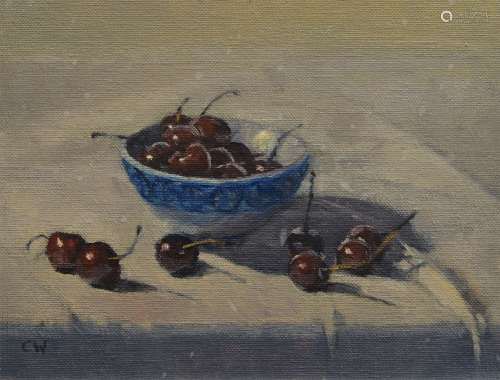 Colin Willey, British b.1972- Bowl of cherries; oil on board...