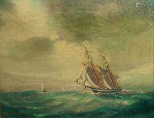 Greek School, mid-late 20th century- Ships on stormy seas; o...