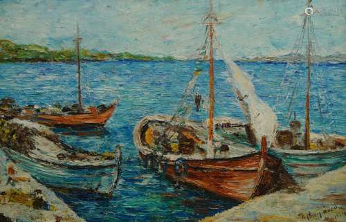 H. Baljiavou, Greek, mid-late 20th century- Boats in a harbo...