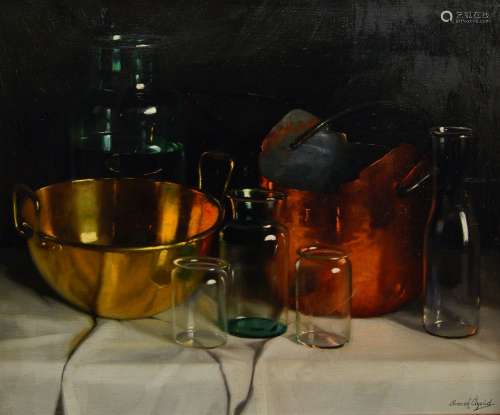 Arpad Romek, Hungarian 1883-1960- Still life with glassware ...
