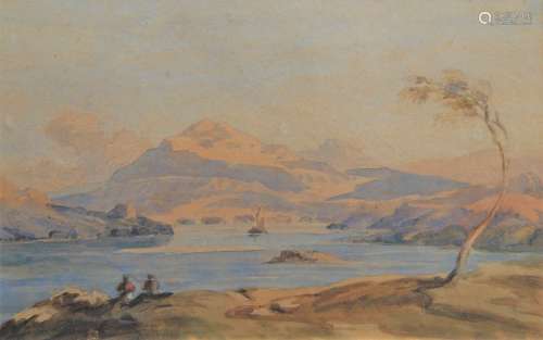British School, early 19th century- Two figures fishing on a...