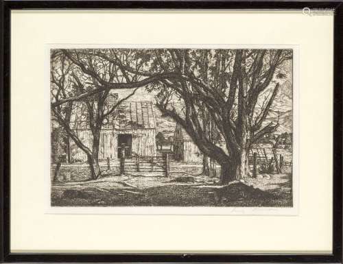 Luigi Lucioni, American 1900-1988- Vermont barn; etching, si...