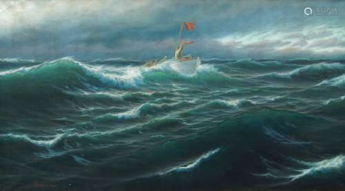 Erik Schøyen, Norwegian 1871-1957- A fishing boat in stormy ...