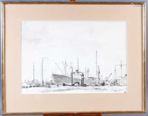 Aquarell, Hafenansicht mit Schiffen, Wilmmers 1950