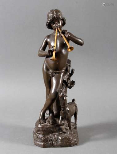 Jugendstil Bronze „Idylle“ Frankreich um 1900 .Akt eines Flö...