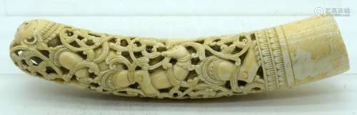 A FINE LARGE 19TH BURMESE CARVED EROTIC IVORY HANDLE FOR A D...