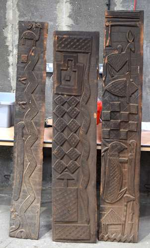 THREE AFRICAN TRIBAL YORUBA CARVED WOOD RELIEF PANELS . Larg...