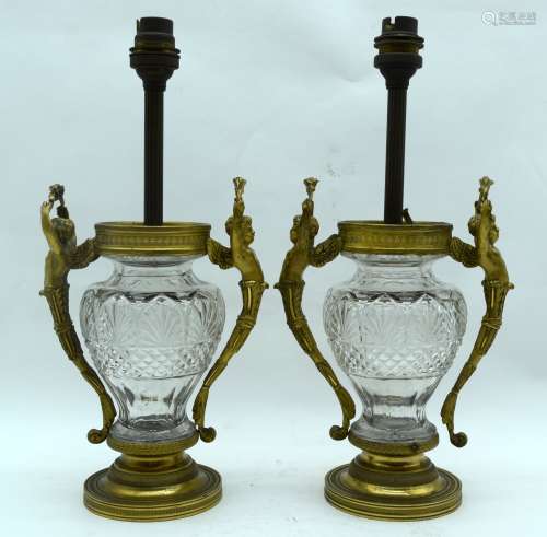 A PAIR OF MID 19TH CENTURY FRENCH ORMOLU AND CRYSTAL GLASS V...