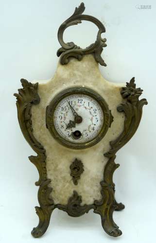 AN ANTIQUE FRENCH BRONZE AND MARBLE CLOCK. 24 cm x 12 cm.
