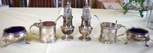 TWO ENGLISH SILVER CRUET SETS comprising of mustard, pepper ...