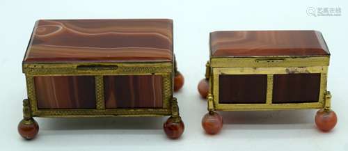 TWO ANTIQUE GILT METAL AND AGATE CASKETS. Largest 7 cm x 6.5...