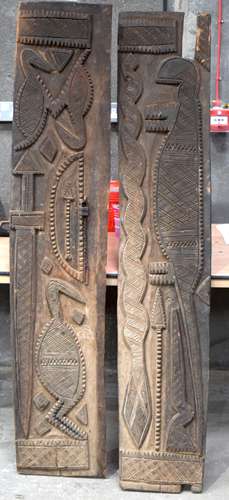 TWO AFRICAN TRIBAL YORUBA CARVED WOOD RELIEF PANELS . Larges...