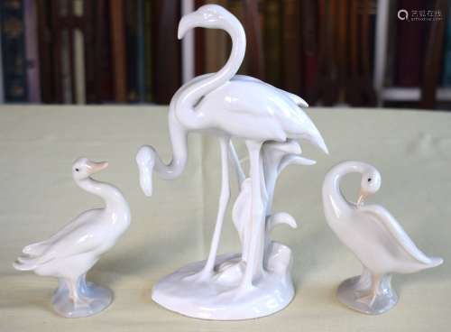 AN AUSTRIAN VIENNA PORCELAIN GROUP OF FLAMINGOS together wit...
