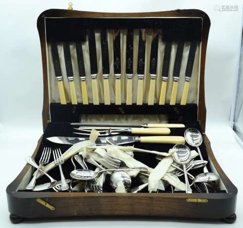 A CHARMING BOXED CANTEEN OF SILVER PLATED CUTLERY. (qty)