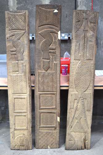 THREE AFRICAN TRIBAL YORUBA CARVED WOOD RELIEF PANELS . Larg...