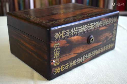 AN EARLY VICTORIAN COROMANDEL BRASS INLAID BOX AND COVER dec...