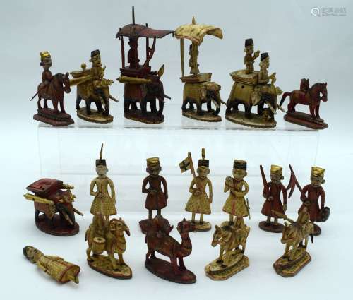 A RARE 19TH CENTURY INDIAN POLYCHROMED BONE AND WOOD CHESS S...