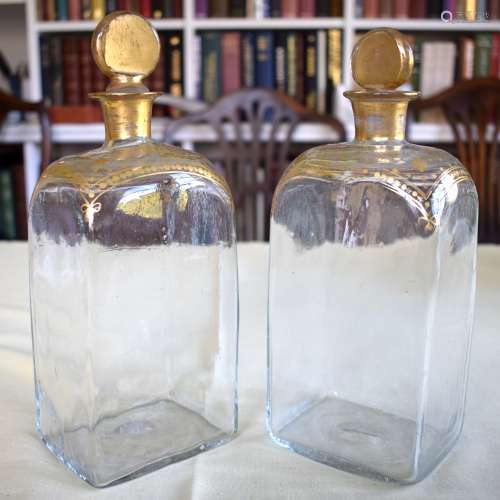 A PAIR OF ANTIQUE BOHEMIAN CLEAR AND GILDED STRAIGHT SIDED G...