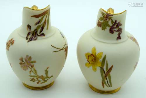 A PAIR OF ROYAL WORCESTER BLUSH IVORY FLATBACK JUGS painted ...