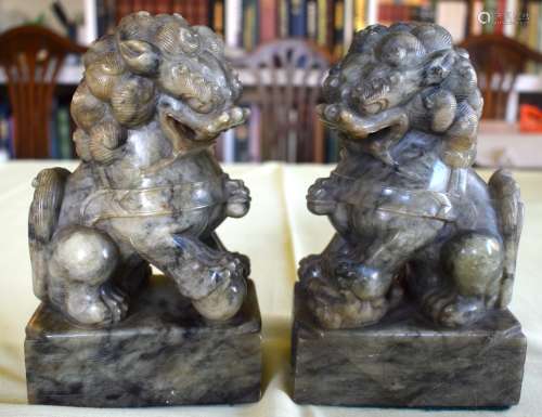 A PAIR OF 19TH CENTURY CHINESE CARVED SOAPSTONE BUDDHISTIC L...