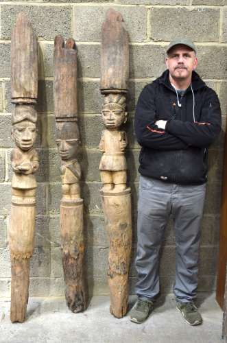 THREE AFRICAN TRIBAL YORUBA CARVED WOOD POSTS of figural for...