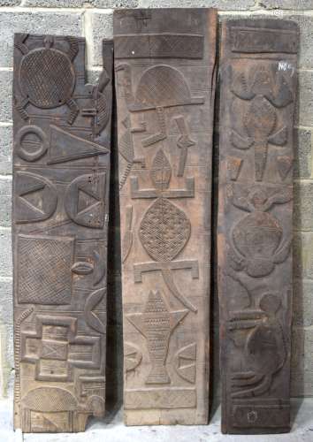 THREE AFRICAN TRIBAL YORUBA CARVED WOOD RELIEF PANELS . Larg...