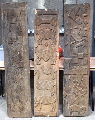 THREE AFRICAN TRIBAL YORUBA CARVED WOOD RELIEF PANELS . Larg...